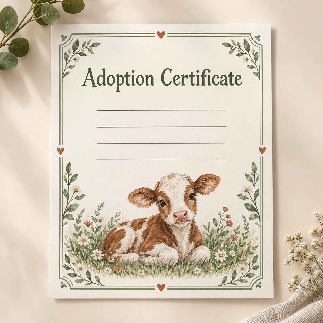 AI-generated product concept of Printable Adoption Certificate; not a finished sample