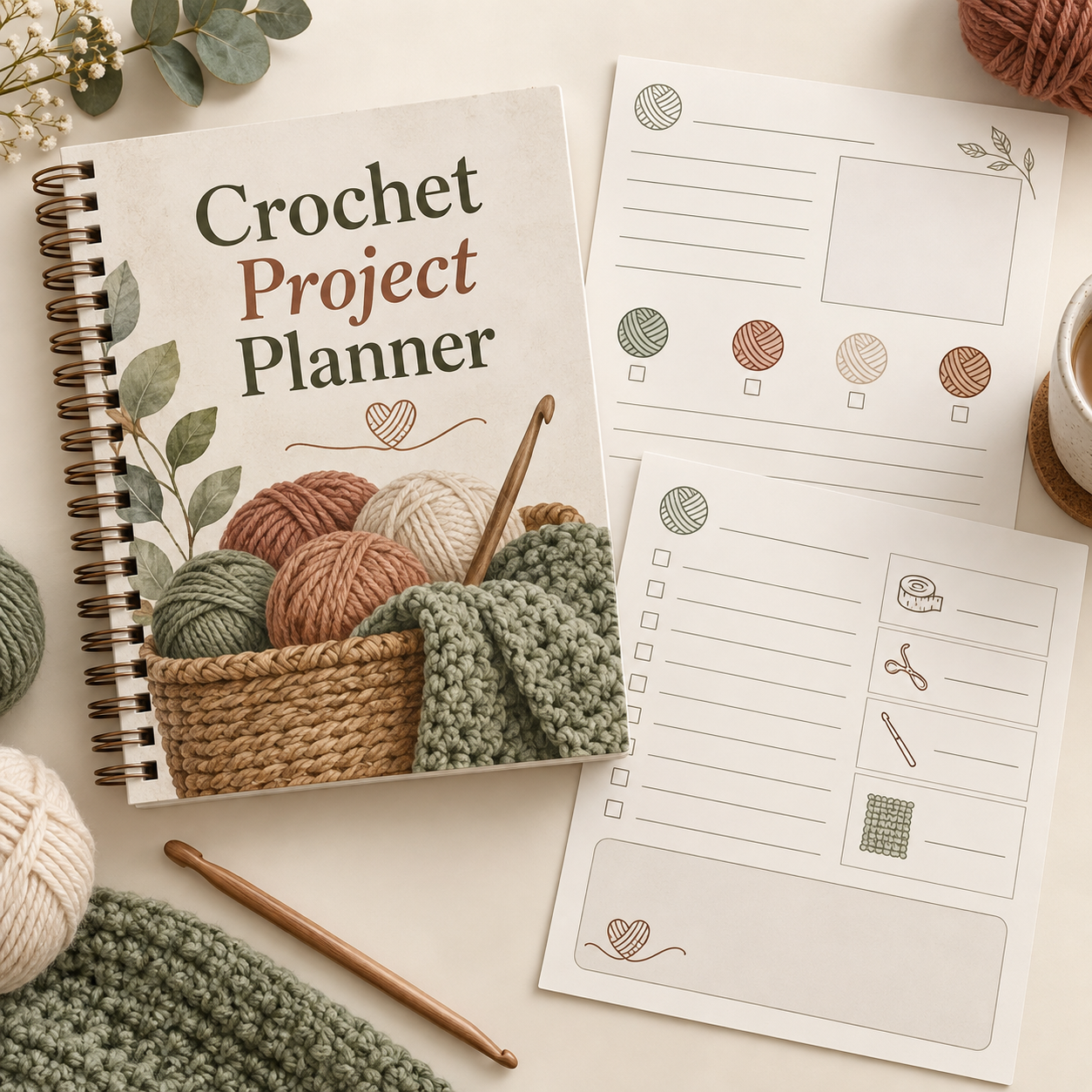AI-generated product concept of Crochet Project Planner; not a finished sample