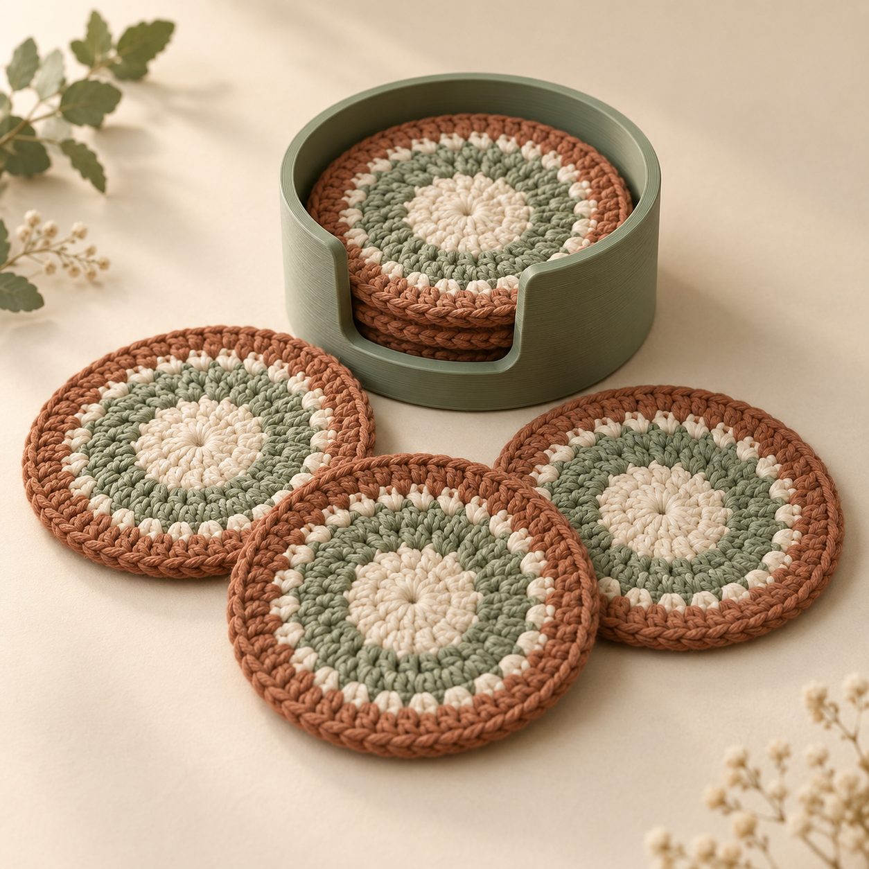 AI-generated product concept of Coasters + Printed Holder; not a finished sample