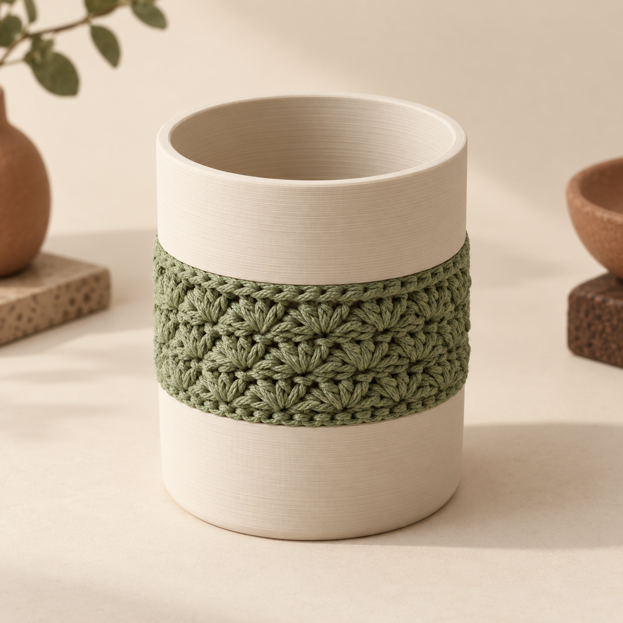 AI-generated product concept of Crochet-Accented Pen Cup; not a finished sample